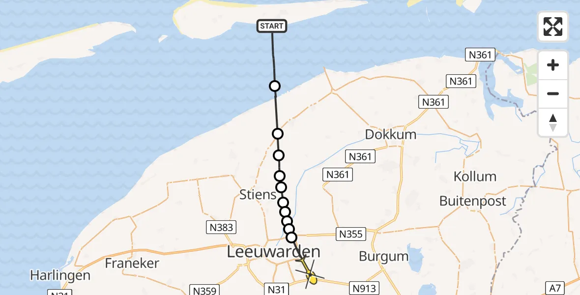 Routekaart van de vlucht: Ambulancehelikopter naar Leeuwarden