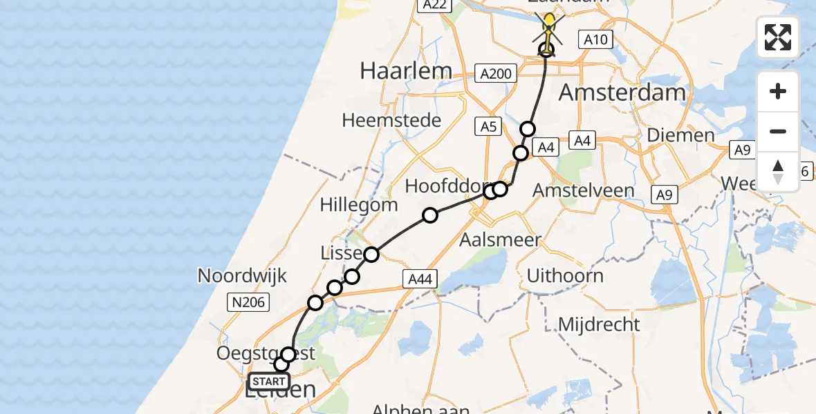 Routekaart van de vlucht: Lifeliner 1 naar Amsterdam Heliport