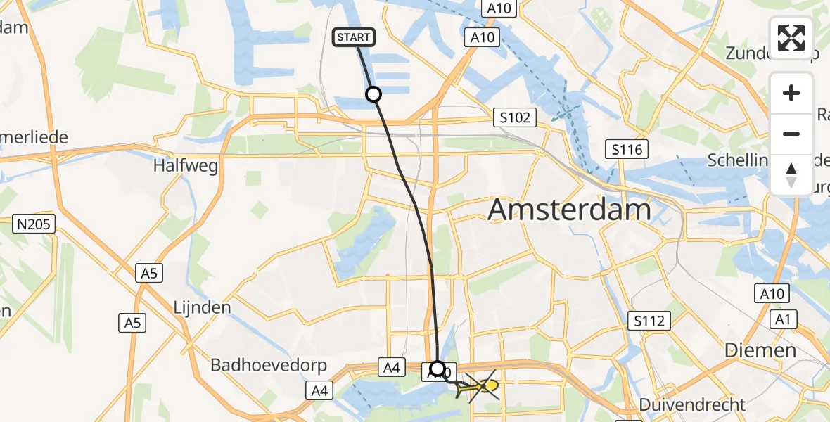 Routekaart van de vlucht: Lifeliner 1 naar VU Medisch Centrum Amsterdam