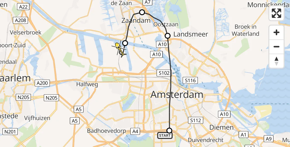 Routekaart van de vlucht: Lifeliner 1 naar Amsterdam Heliport