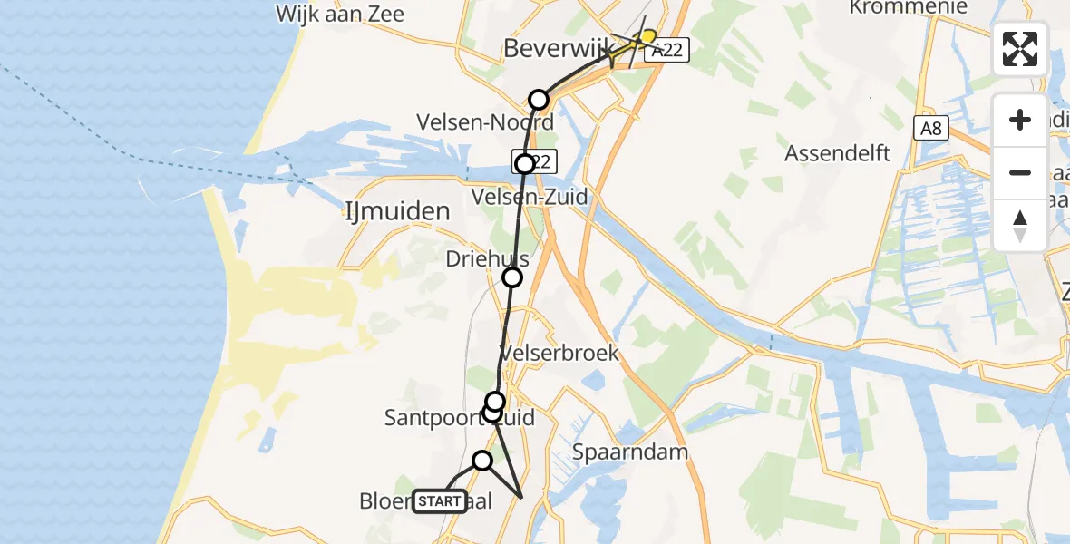 Routekaart van de vlucht: Politiehelikopter naar Beverwijk