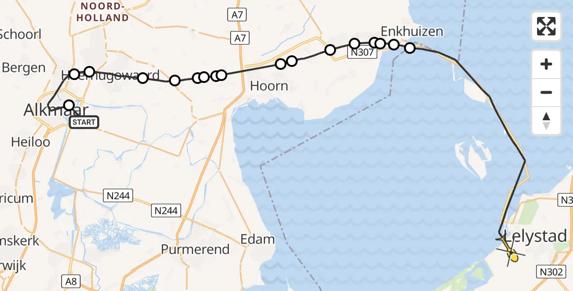 Routekaart van de vlucht: Politieheli naar Lelystad