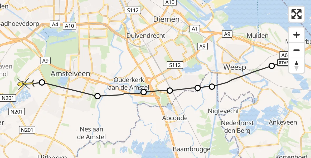 Routekaart van de vlucht: Politieheli naar Aalsmeer