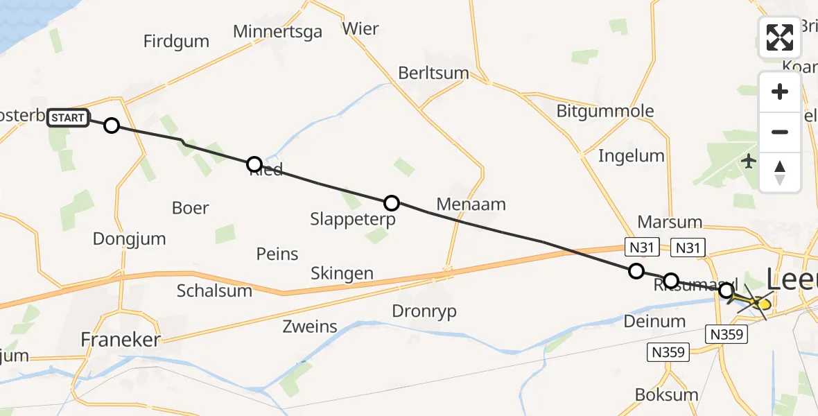 Routekaart van de vlucht: Ambulanceheli naar Leeuwarden