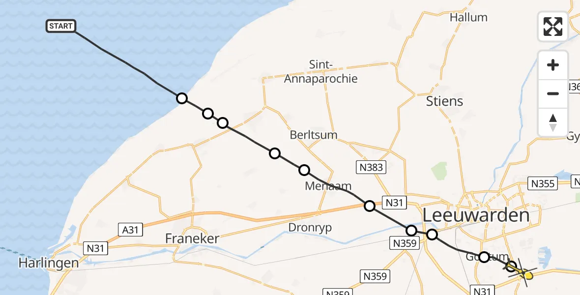 Routekaart van de vlucht: Ambulanceheli naar Leeuwarden