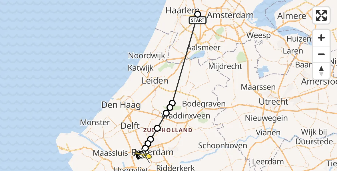 Routekaart van de vlucht: Politieheli naar Rotterdam