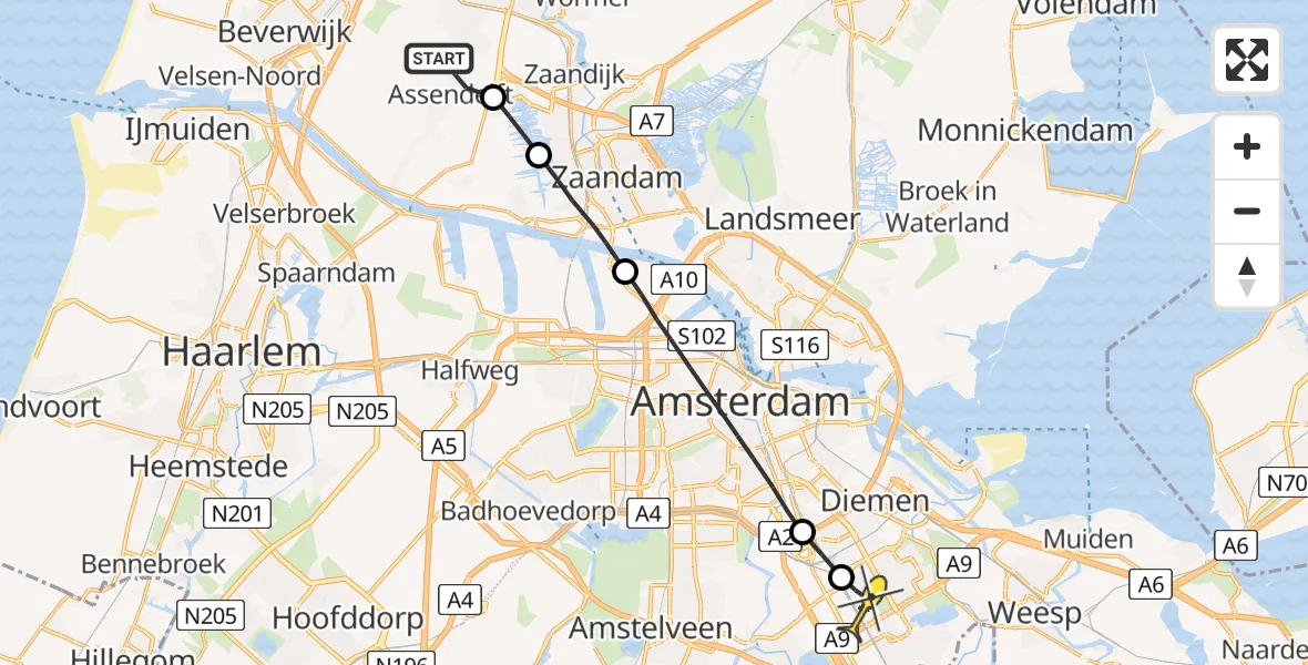 Routekaart van de vlucht: Lifeliner 1 naar Amsterdam