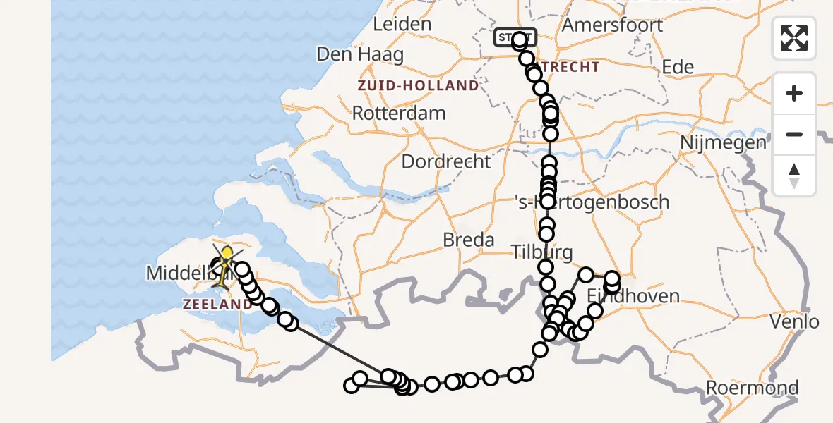Routekaart van de vlucht: Politiehelikopter naar Vliegveld Midden-Zeeland