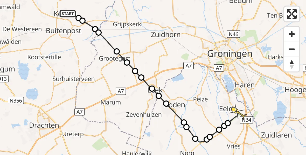 Routekaart van de vlucht: Lifeliner 4 naar Groningen Airport Eelde