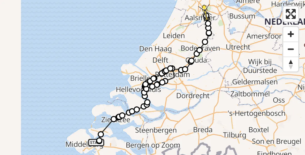 Routekaart van de vlucht: Politieheli naar Aalsmeer