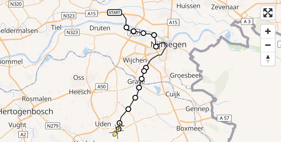 Routekaart van de vlucht: Politieheli naar Volkel