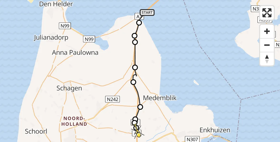 Routekaart van de vlucht: Politiehelikopter naar Benningbroek