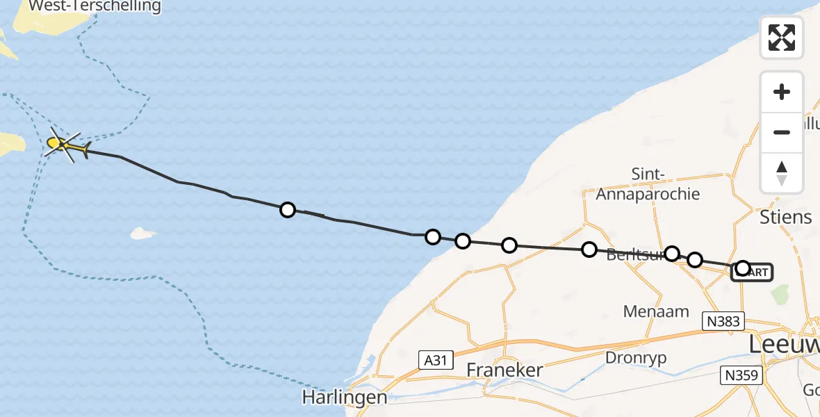 Routekaart van de vlucht: Ambulanceheli naar West-Terschelling