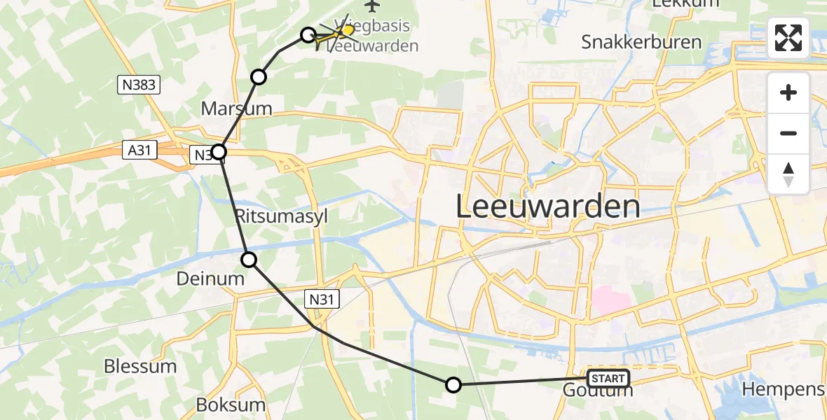 Routekaart van de vlucht: Ambulanceheli naar Vliegbasis Leeuwarden