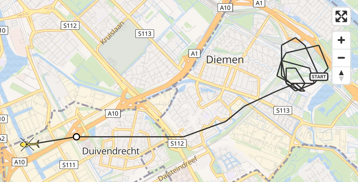 Routekaart van de vlucht: Politieheli naar Amsterdam-Duivendrecht