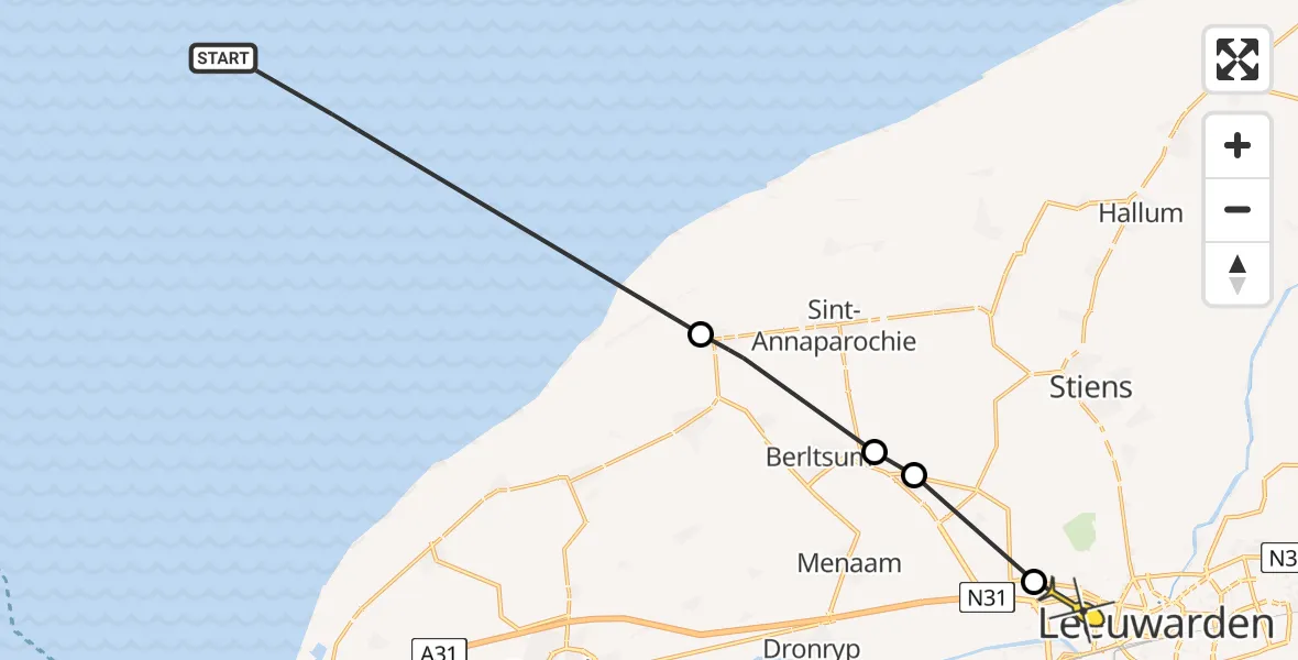Routekaart van de vlucht: Ambulanceheli naar Leeuwarden