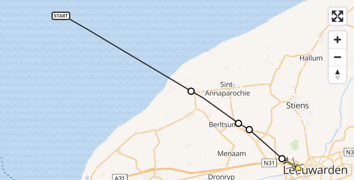 Routekaart van de vlucht: Ambulancehelikopter naar Leeuwarden