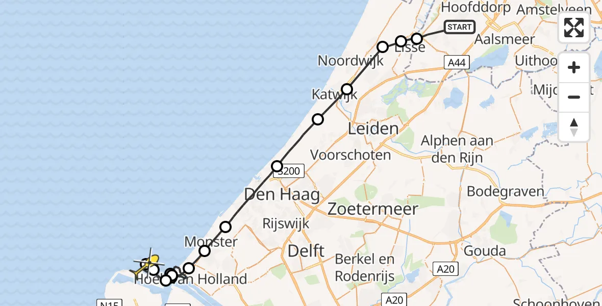 Routekaart van de vlucht: Politiehelikopter naar Hoek van Holland