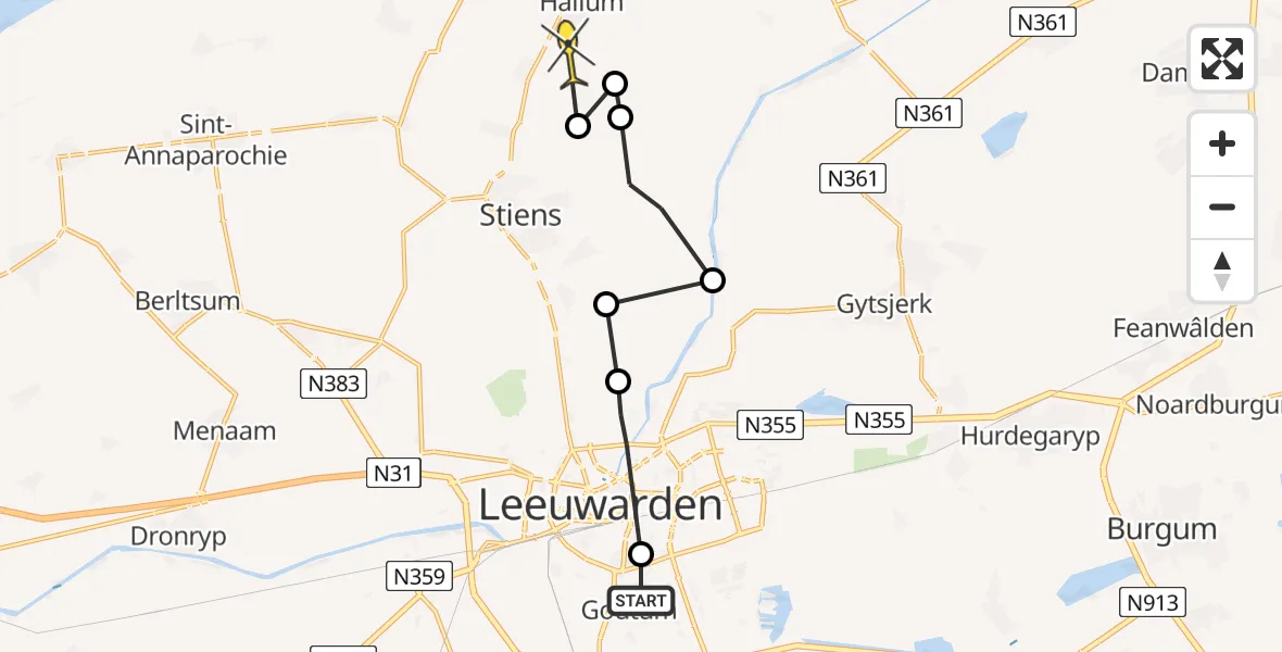 Routekaart van de vlucht: Ambulancehelikopter naar Hallum
