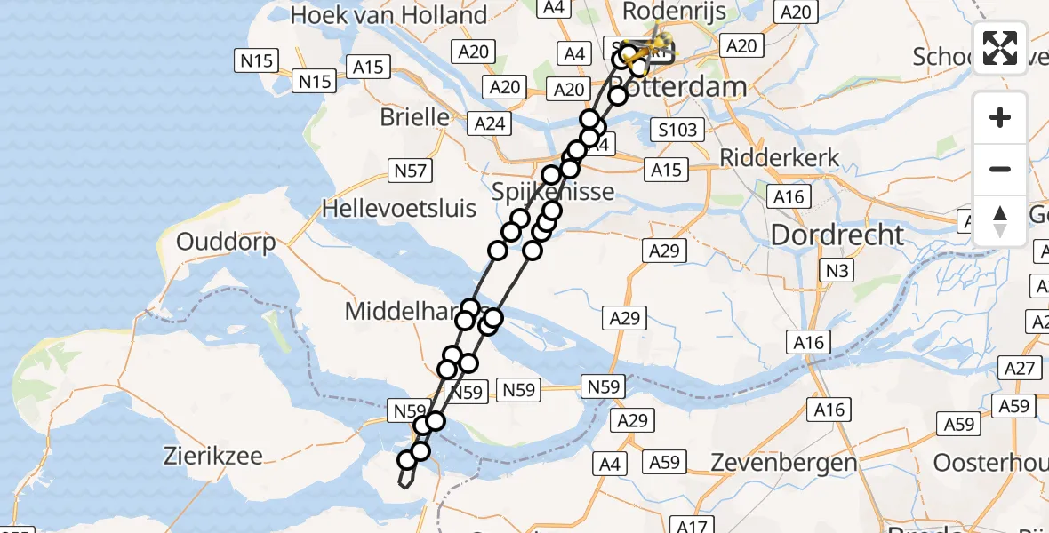 Vluchtroute Traumahelikopter Rotterdam The Hague Airport - Rotterdam The Hague Airport, 10 juni 2023, 21:29