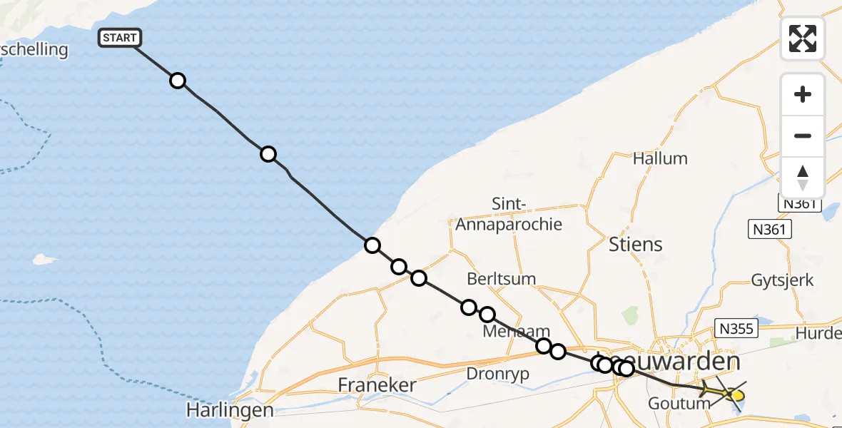 Routekaart van de vlucht: Ambulanceheli naar Leeuwarden