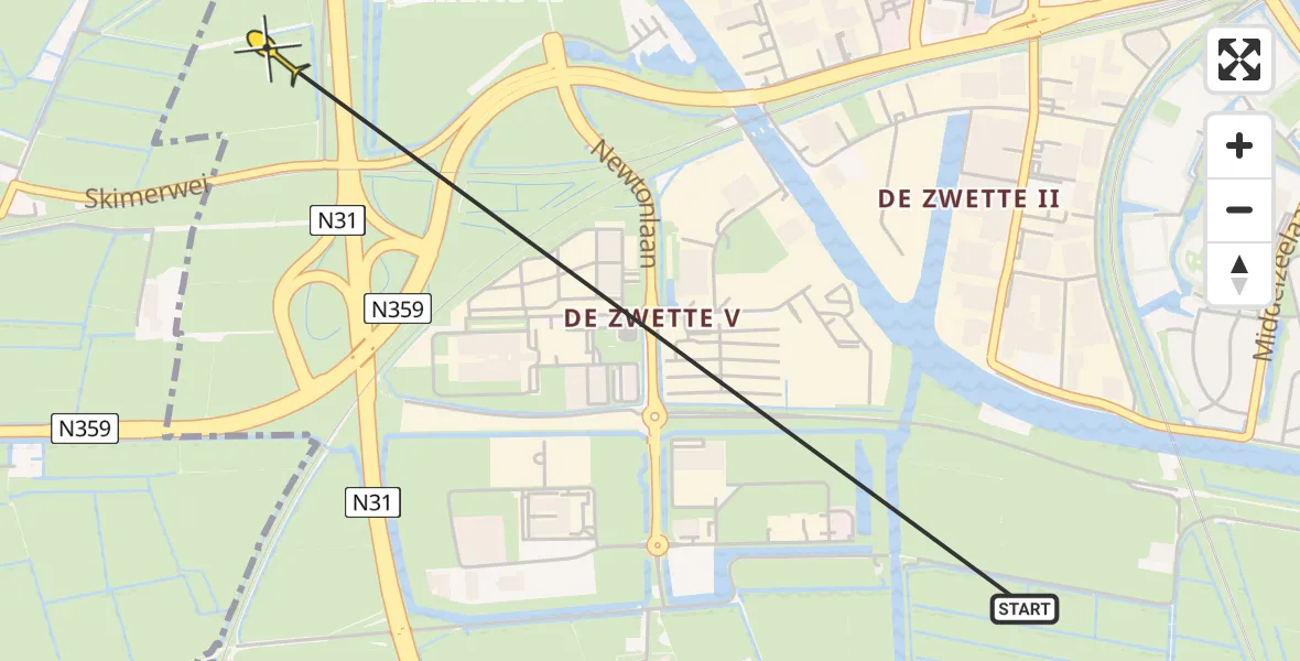 Vluchtroute Ambulancehelikopter van Leeuwarden naar Leeuwarden