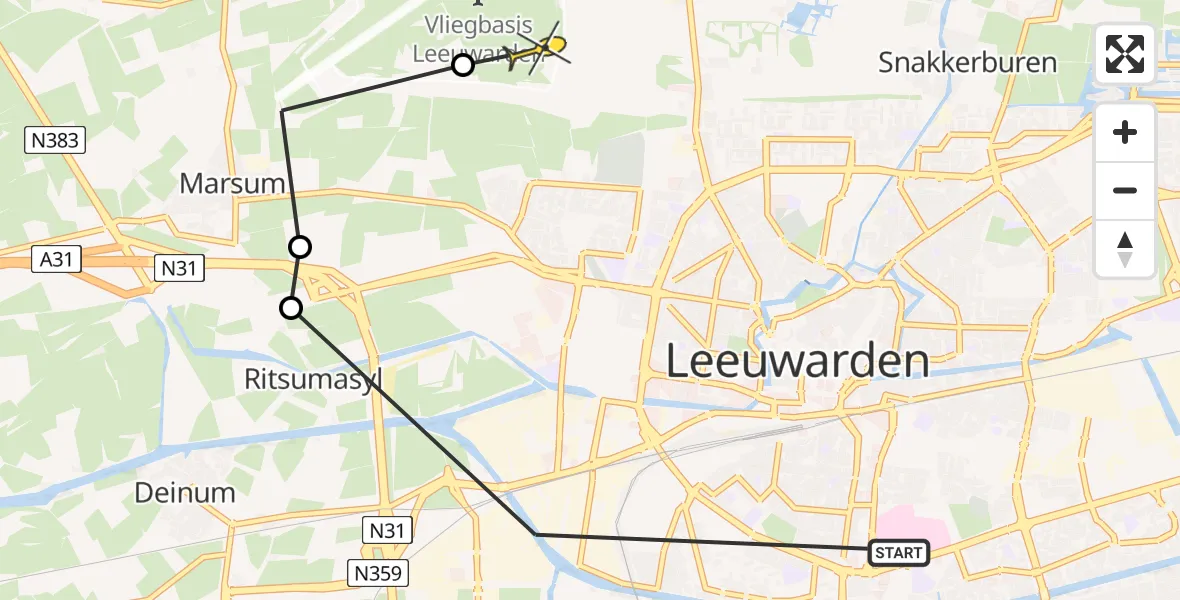 Routekaart van de vlucht: Ambulanceheli naar Vliegbasis Leeuwarden