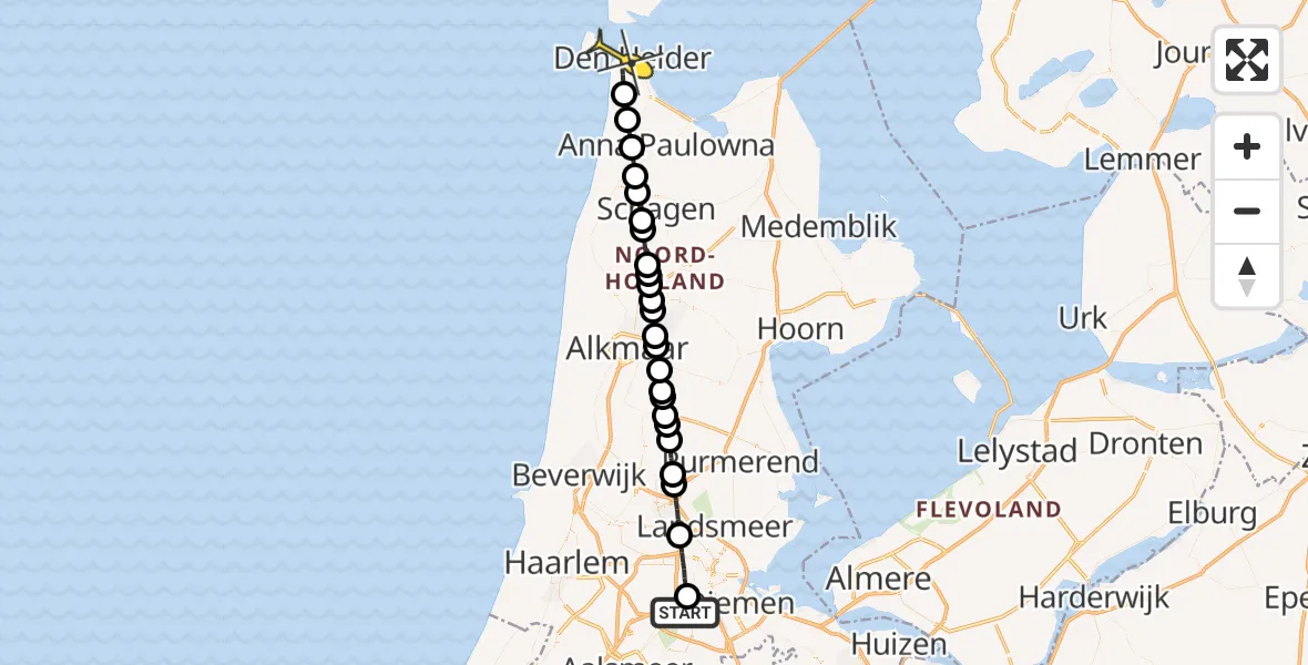 Routekaart van de vlucht: Lifeliner 1 naar Den Helder