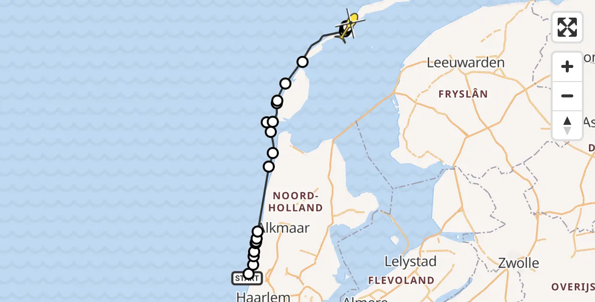 Routekaart van de vlucht: Politieheli naar West-Terschelling