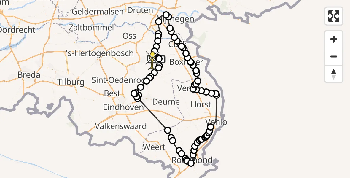 Routekaart van de vlucht: Politieheli naar Vliegbasis Volkel