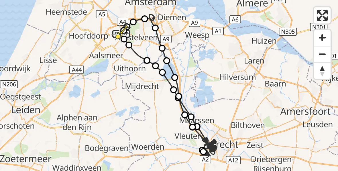 Routekaart van de vlucht: Politieheli naar Schiphol