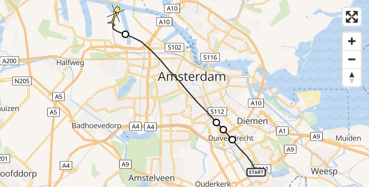 Routekaart van de vlucht: Lifeliner 1 naar Amsterdam Heliport