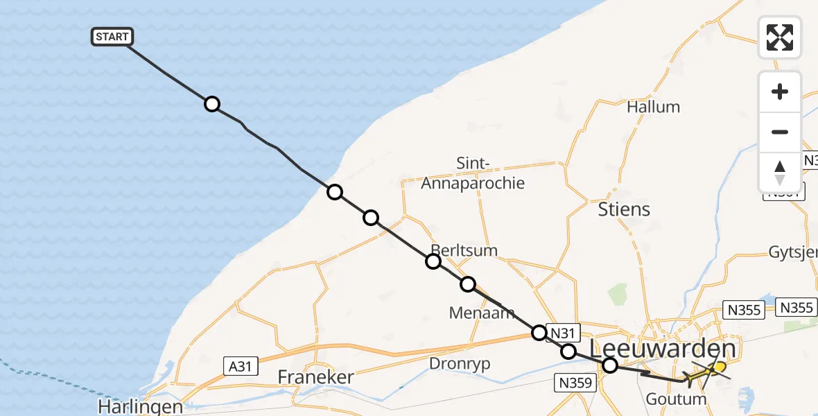 Routekaart van de vlucht: Ambulanceheli naar Leeuwarden
