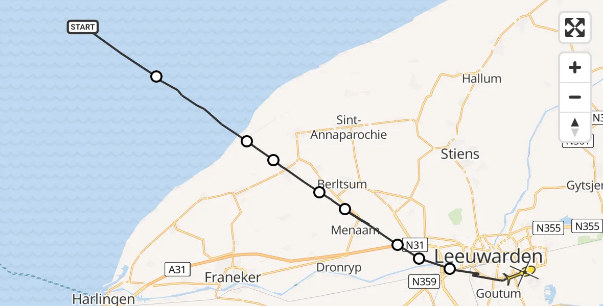 Routekaart van de vlucht: Ambulancehelikopter naar Leeuwarden