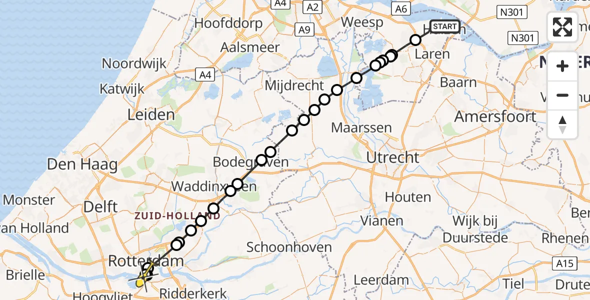 Routekaart van de vlucht: Politieheli naar Erasmus MC