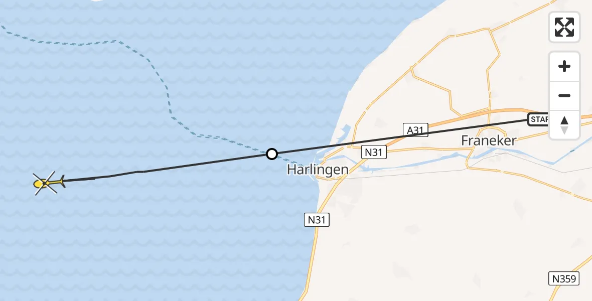 Routekaart van de vlucht: Ambulancehelikopter naar Harlingen