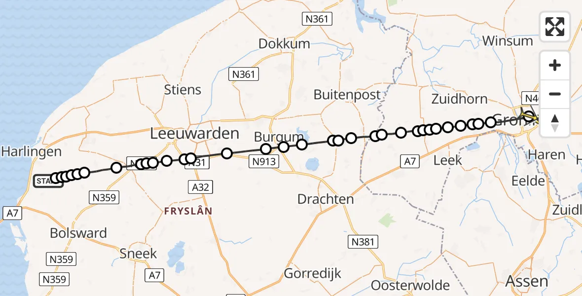 Routekaart van de vlucht: Lifeliner 1 naar Universitair Medisch Centrum Groningen