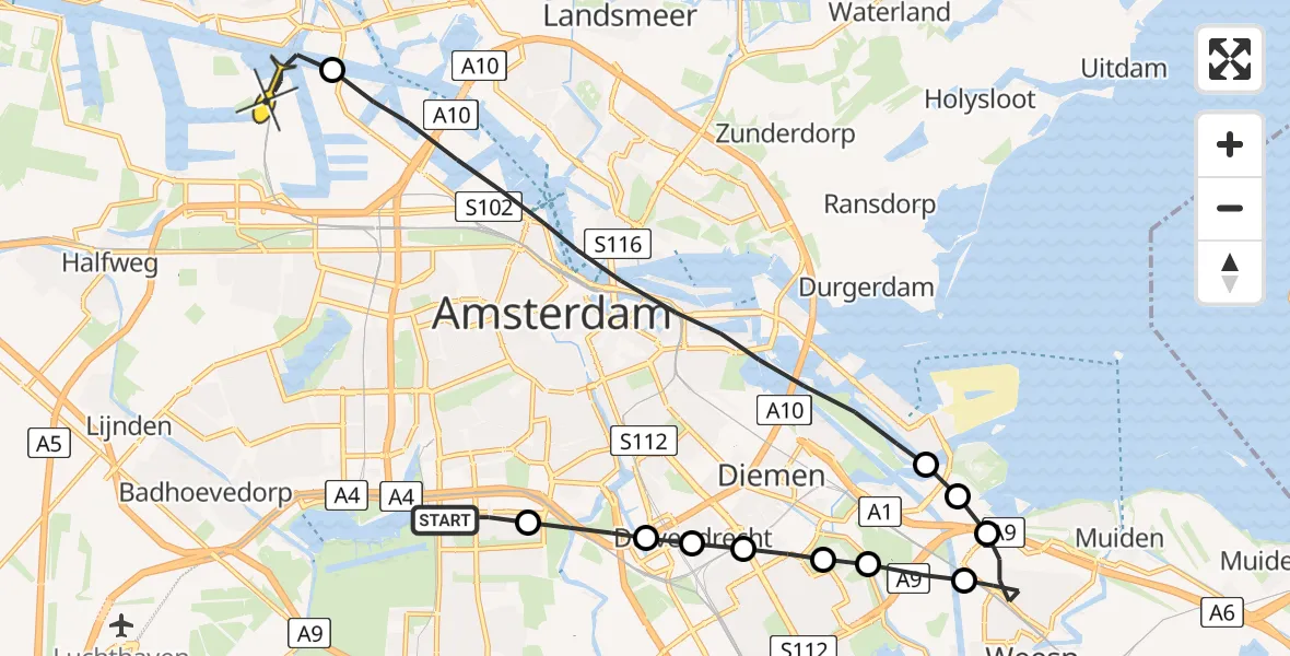 Routekaart van de vlucht: Lifeliner 1 naar Amsterdam Heliport