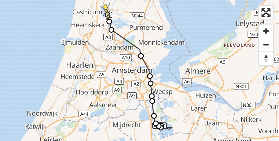 Routekaart van de vlucht: Politieheli naar de Woude