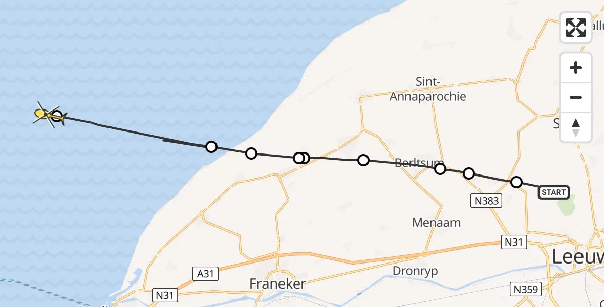 Routekaart van de vlucht: Ambulanceheli naar West-Terschelling