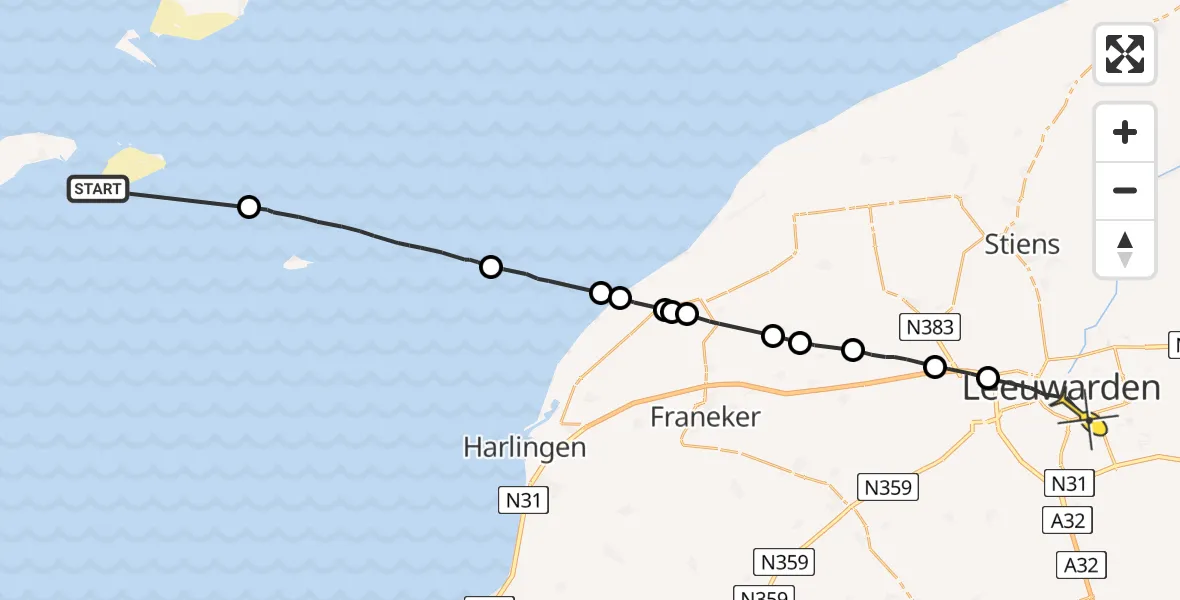 Routekaart van de vlucht: Ambulanceheli naar Leeuwarden