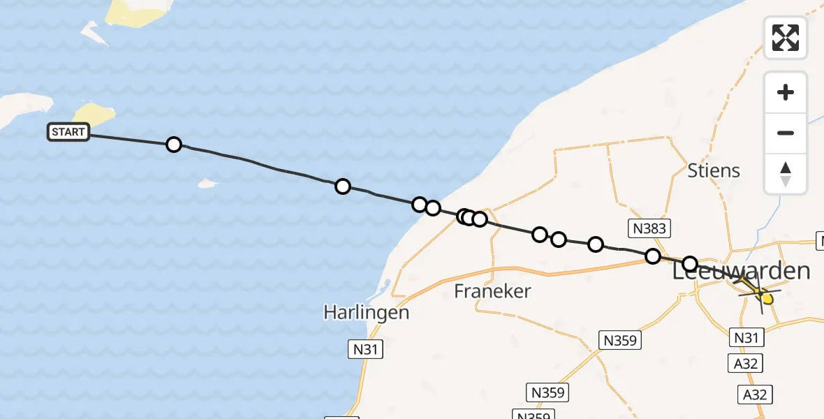 Routekaart van de vlucht: Ambulancehelikopter naar Leeuwarden
