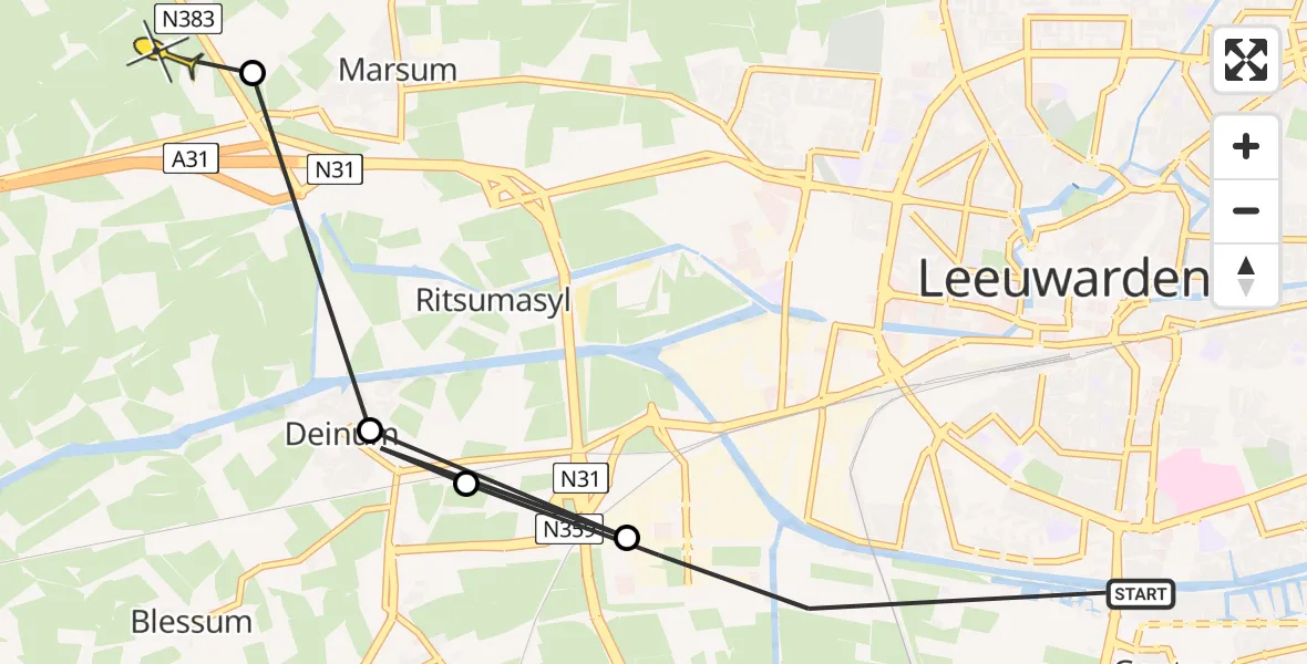 Vluchtroute Ambulancehelikopter van Leeuwarden naar Marsum
