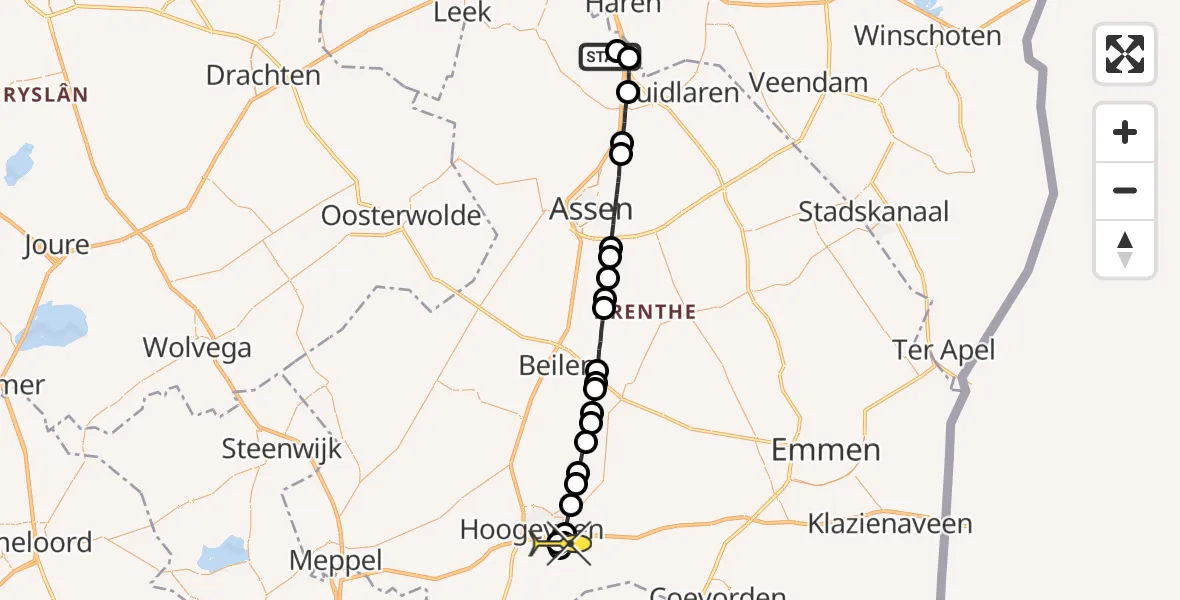 Routekaart van de vlucht: Lifeliner 4 naar Hoogeveen