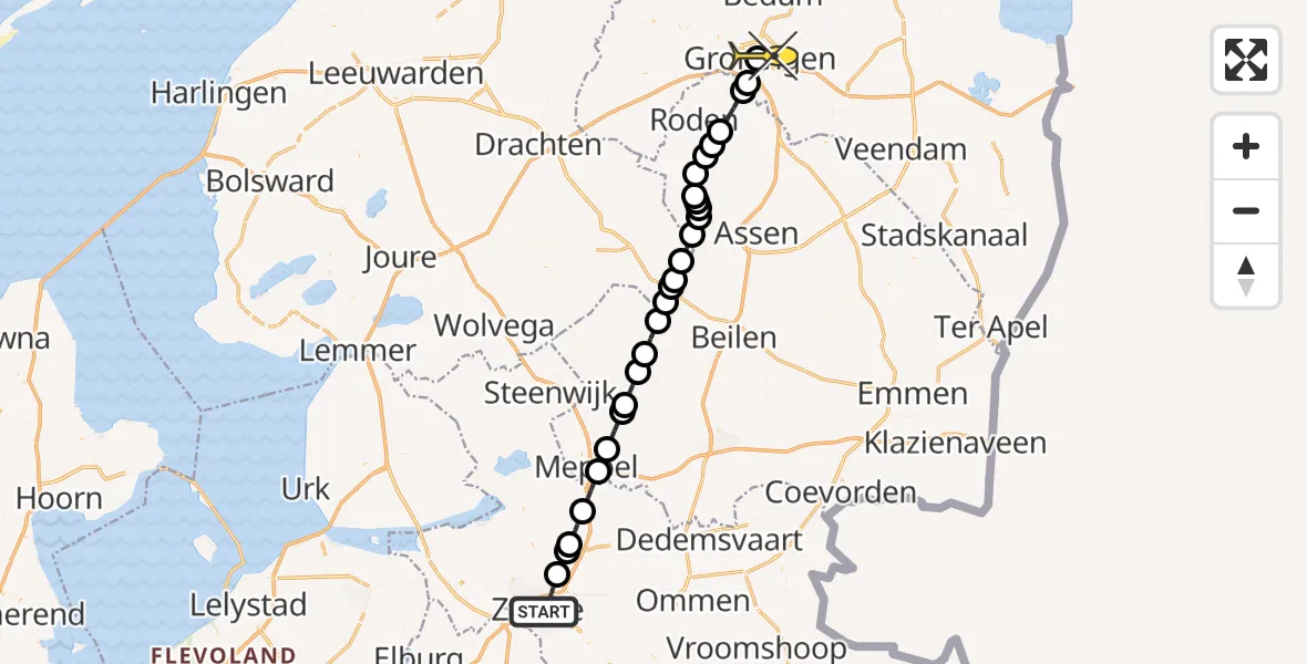 Routekaart van de vlucht: Lifeliner 4 naar Universitair Medisch Centrum Groningen