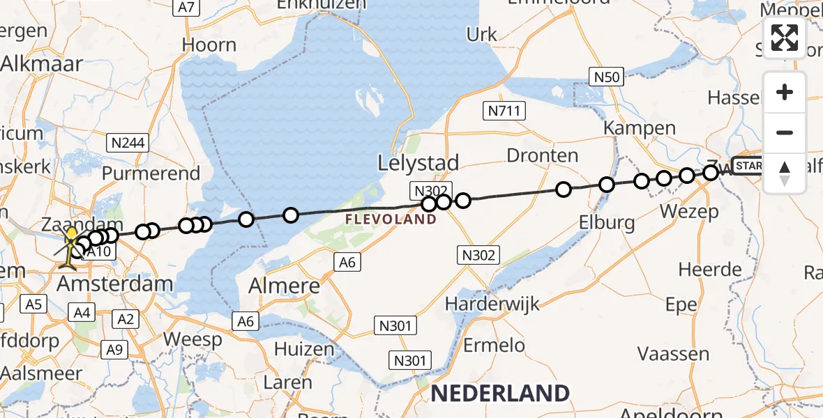 Routekaart van de vlucht: Lifeliner 1 naar Amsterdam Heliport