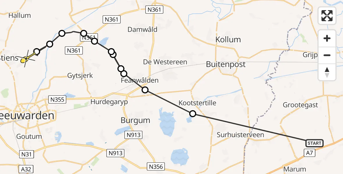 Routekaart van de vlucht: Ambulancehelikopter naar Stiens