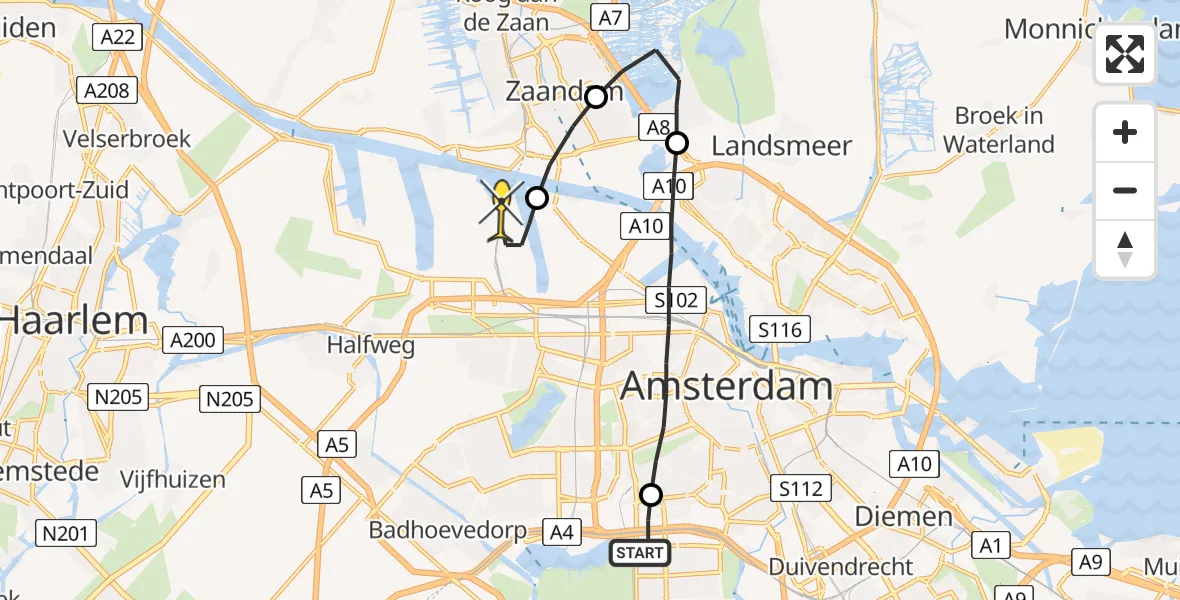 Routekaart van de vlucht: Lifeliner 1 naar Amsterdam Heliport