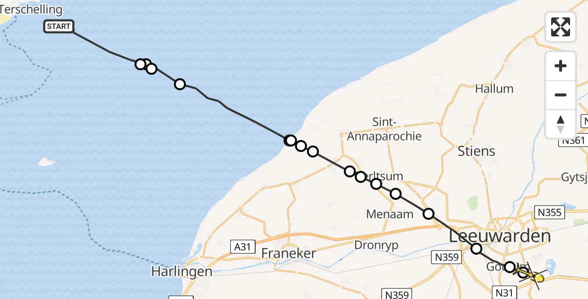 Routekaart van de vlucht: Ambulanceheli naar Leeuwarden