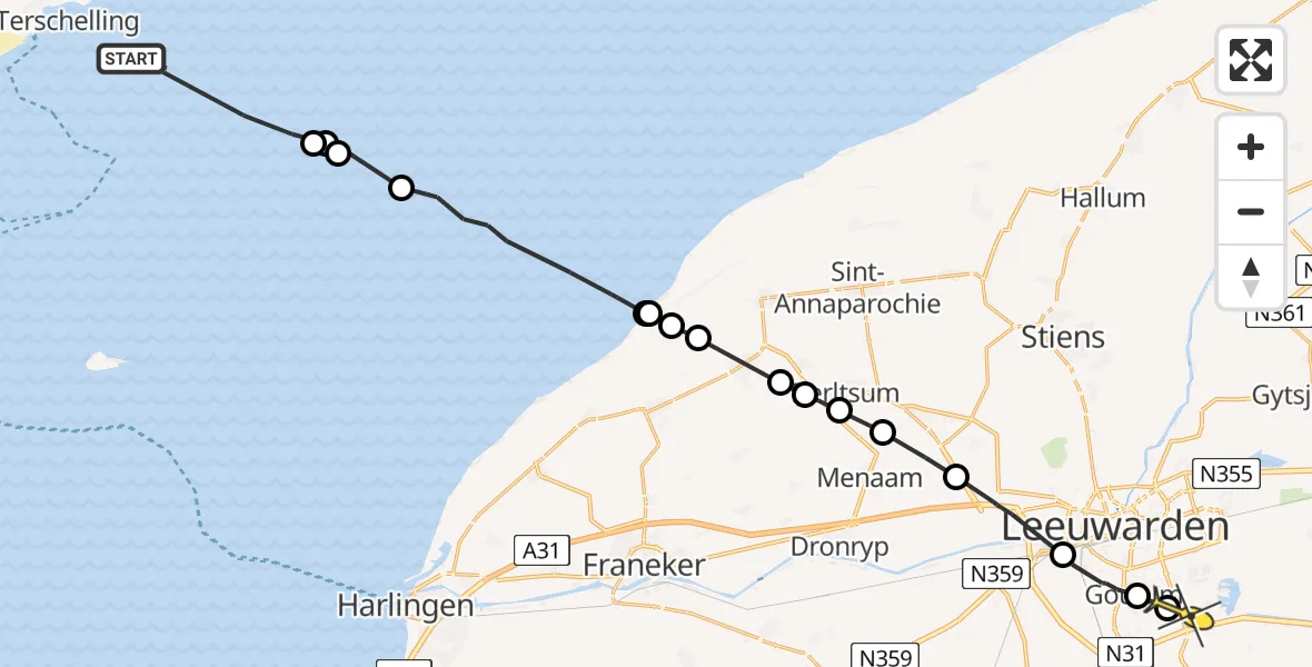 Routekaart van de vlucht: Ambulancehelikopter naar Leeuwarden